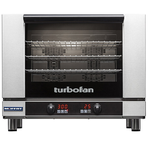 A Moffat Turbofan electric convection oven with a glass door and digital display.