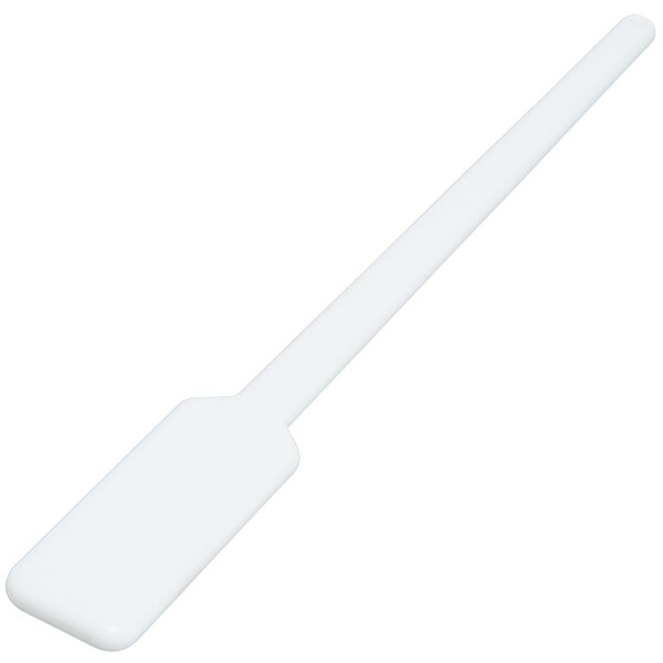 A white plastic paddle with a long handle.