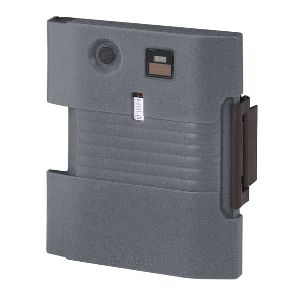 A gray plastic Cambro heated door with a black handle and buttons.