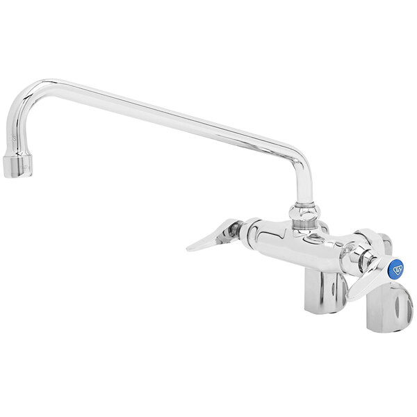 A silver T&S wall mount pantry faucet with a long blue handle.