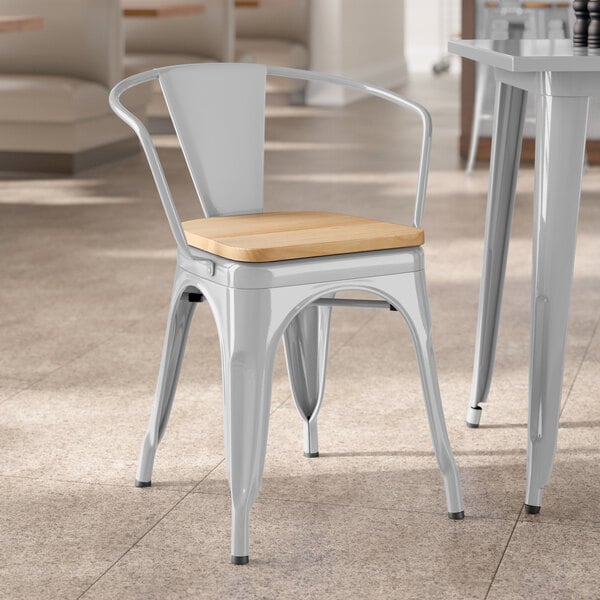 Lancaster Table & Seating Alloy Series Silver Indoor Arm Chair with Natural Wood Seat