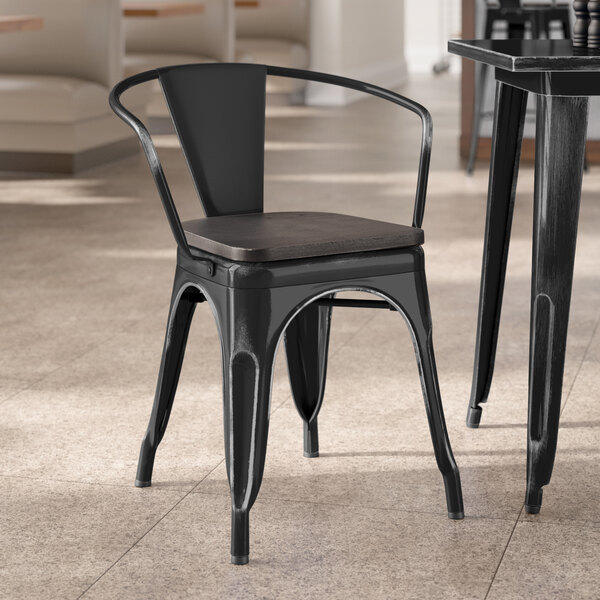Lancaster Table & Seating Alloy Series Distressed Black Indoor Arm Chair with Black Wood Seat