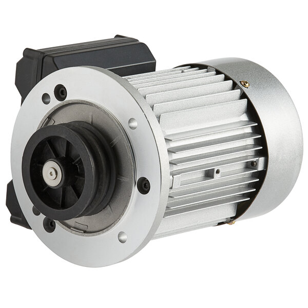 A silver and black electric motor with a white background.
