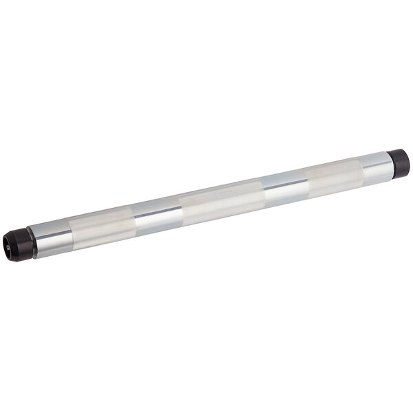 A silver metal tube with a black handle.