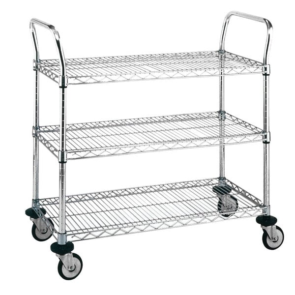 A Metro stainless steel three-tiered utility cart with wheels.