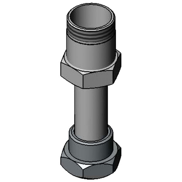 A close-up of a grey cylinder with a black top with a pipe coming out of the top.