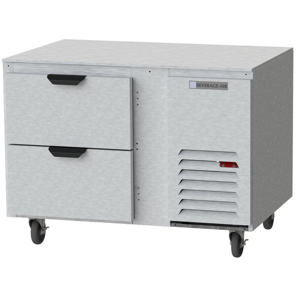 A white Beverage-Air undercounter refrigerator with two drawers on wheels.