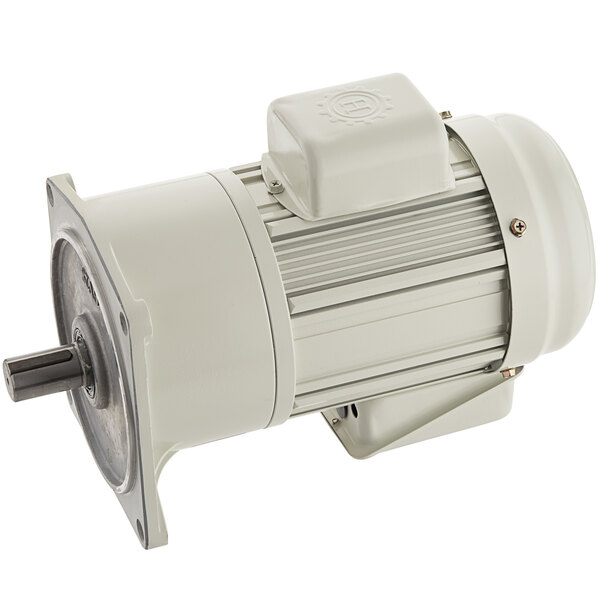 A white electric motor with a round metal part.