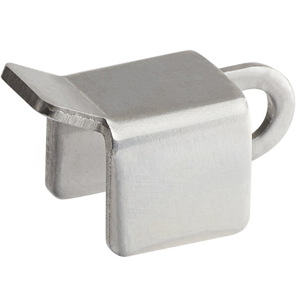 A silver metal lock with a square shape.