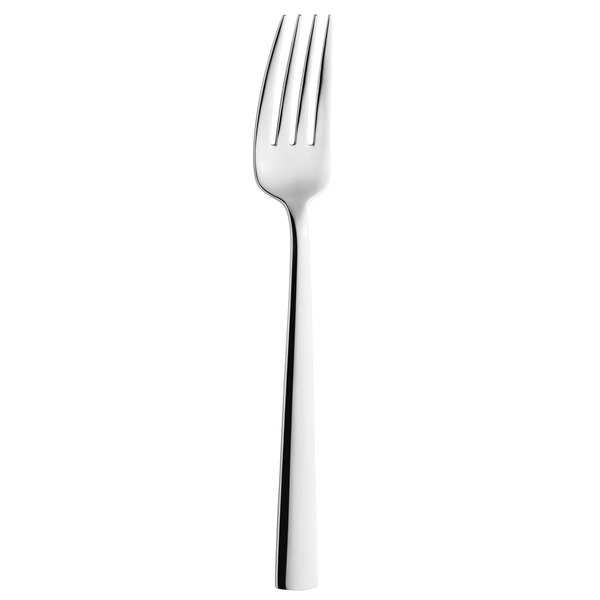 An Amefa stainless steel table fork with a white handle.