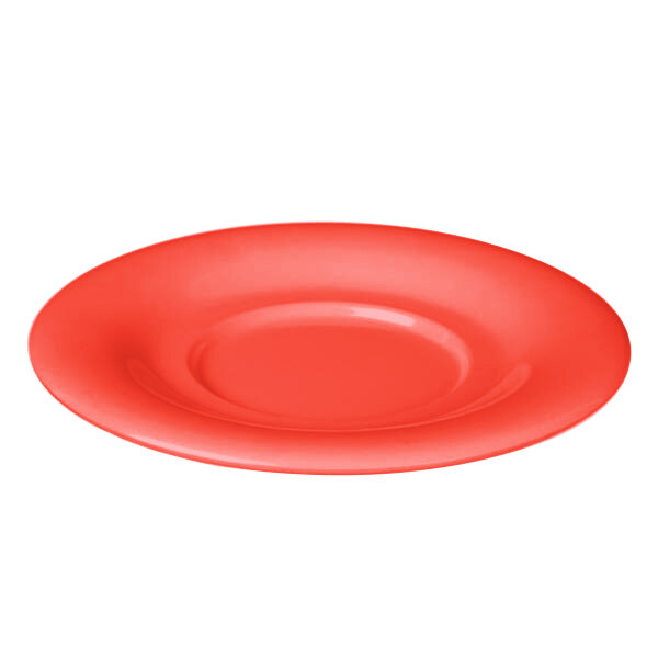 A red Thunder Group melamine saucer with a small rim on top.