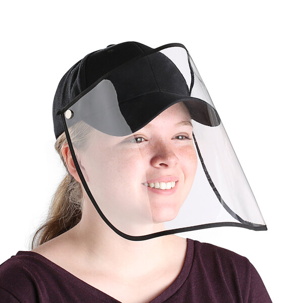 A woman wearing a black 6-panel cap with a detachable clear visor.