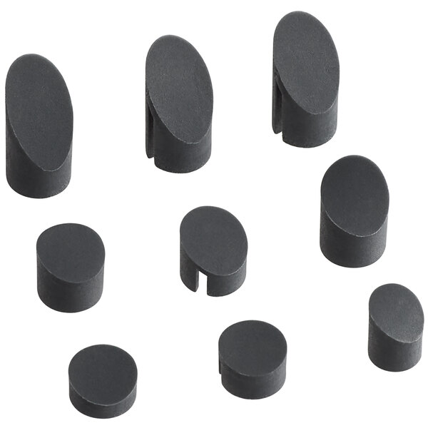 A group of black AvaMix hole covers for immersion blenders on a white background.