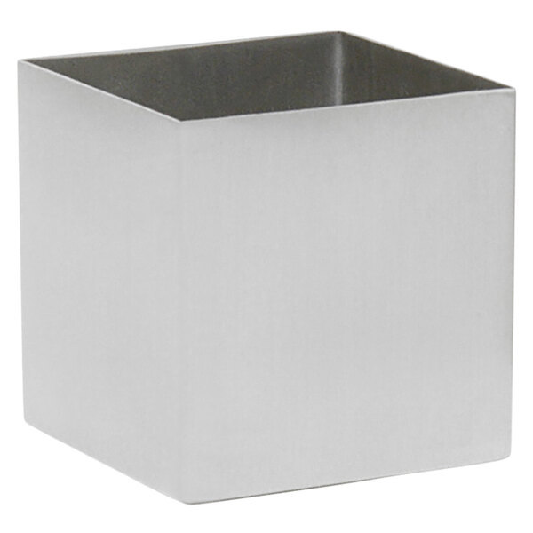 A brushed stainless steel square ramekin.