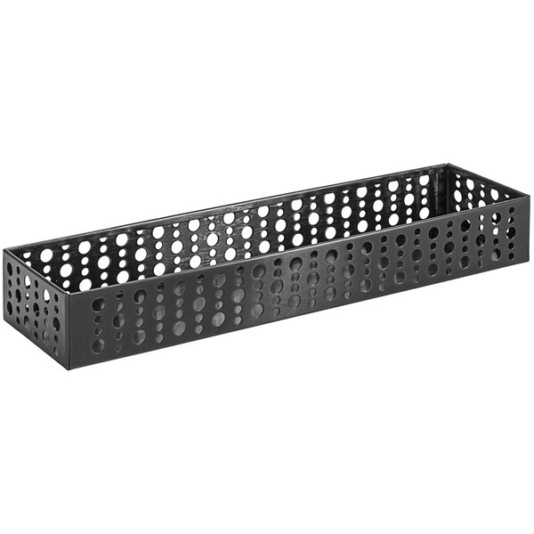A Front of the House matte black stainless steel rectangular basket with holes.