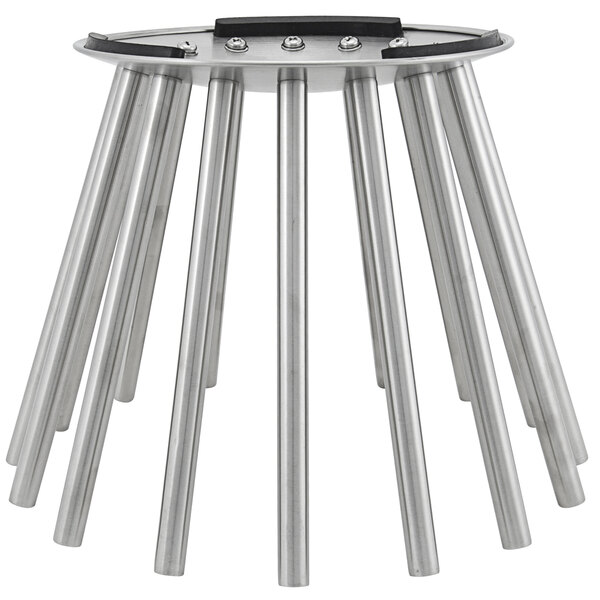 A stainless steel round display stand with non-slip grips.