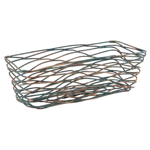 A Front of the House hand-painted fused iron rectangular basket with green and brown patina designs.