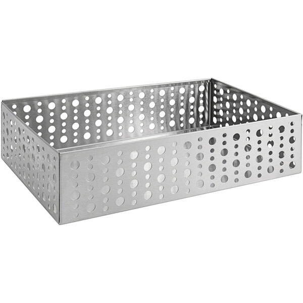 A Front of the House stainless steel rectangular basket with holes in it.