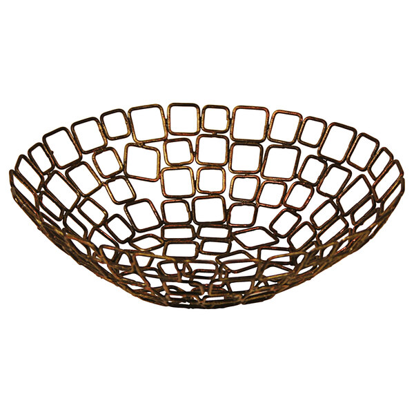 A coppered wire basket with a geometric design.