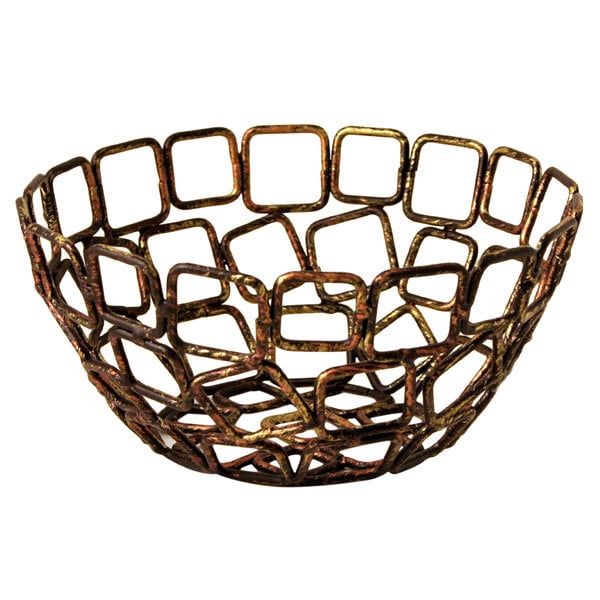 A copper hand-painted fused iron round basket with a link design.