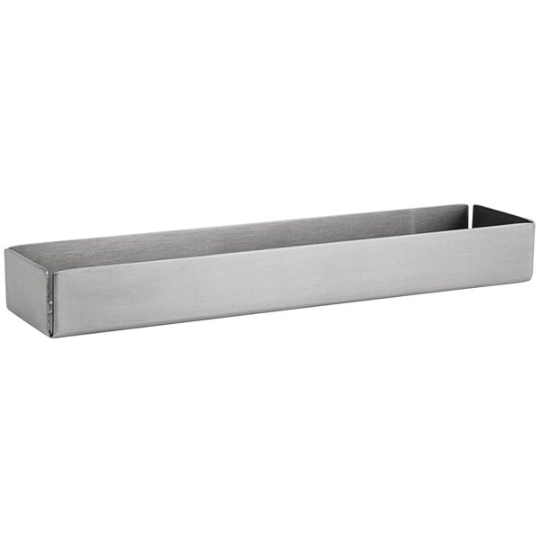 A rectangular brushed stainless steel container with a handle holding sugar caddies.