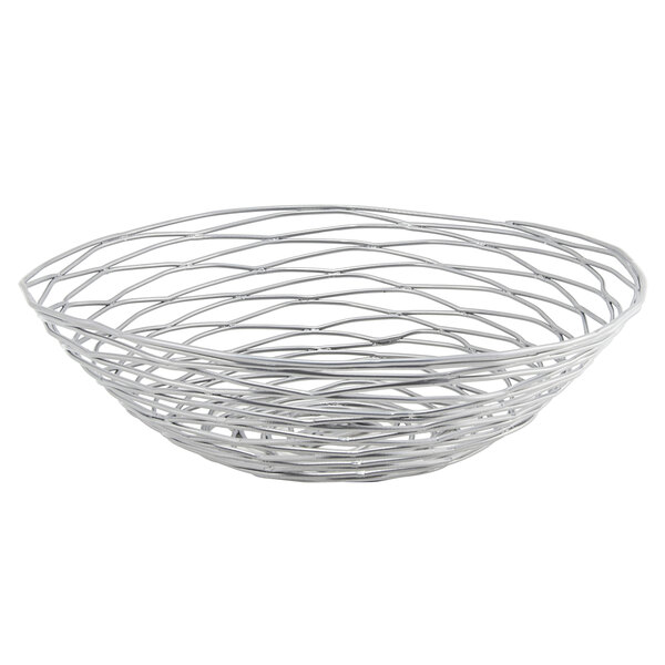 A silver fused iron round basket with a spiral design.