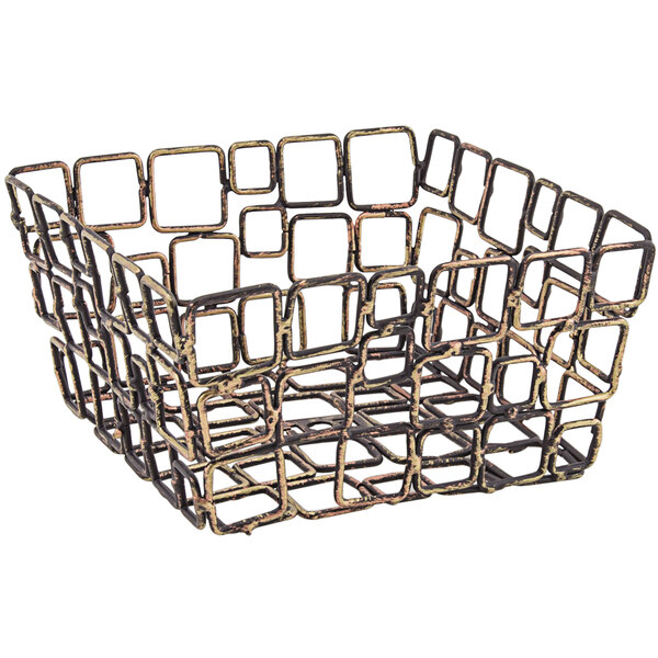 A coppered fused iron square basket with link designs.