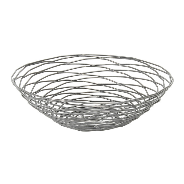 A Front of the House pewter fused iron round serving basket with a spiral design.