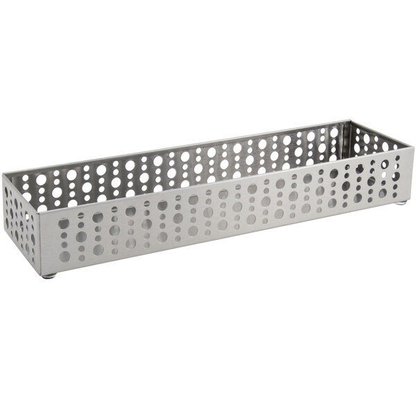 A silver rectangular stainless steel container with holes.