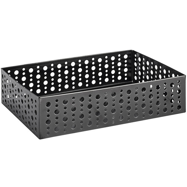 A matte black stainless steel rectangular basket with dots and holes.