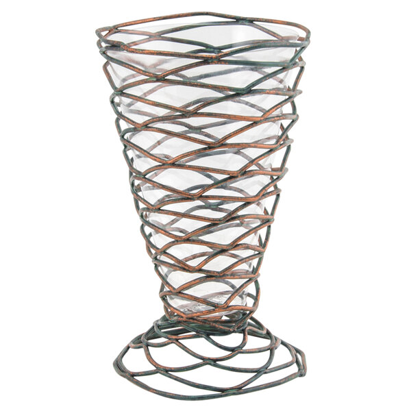 A Front of the House Patina fused iron cone basket with a metal wire frame.