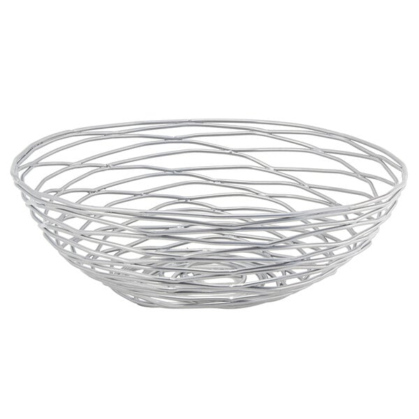 A silver fused iron round basket with a spiral design on the front.