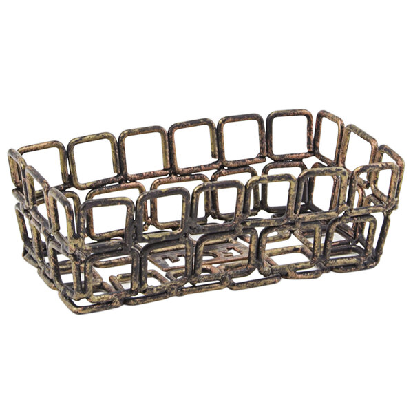 A Front of the House copper rectangular metal sugar caddy with square shapes inside.