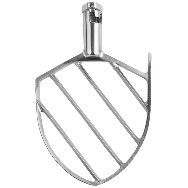 A silver metal flat beater with a metal handle.