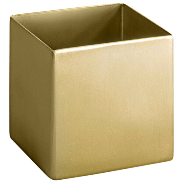 A matte brass brushed stainless steel square sugar caddy with a gold finish.