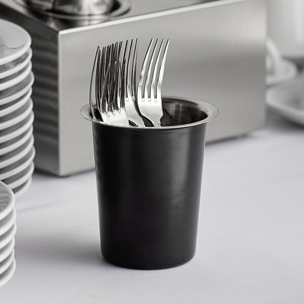A Choice matte black cylinder with utensils inside.