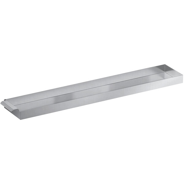 An Avantco stainless steel rectangular grease and crumb tray with a long handle.