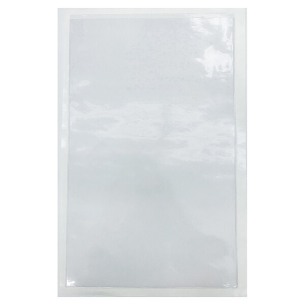 A white rectangular H. Risch, Inc. sticky back vinyl page protector with adhesive.