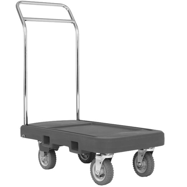 A dark gray flatbed utility dolly with a handle and pneumatic wheels.