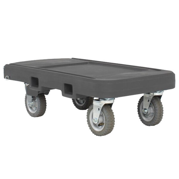 A dark gray plastic cart with 6 pneumatic wheels.