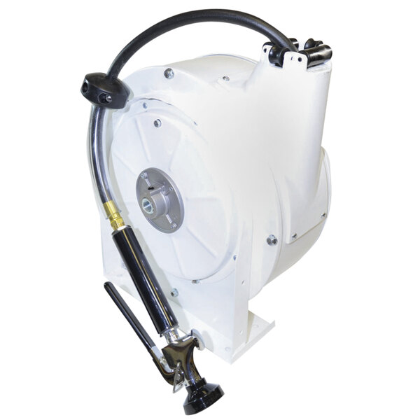 A white Fisher industrial hose reel machine with a covered hose attached.