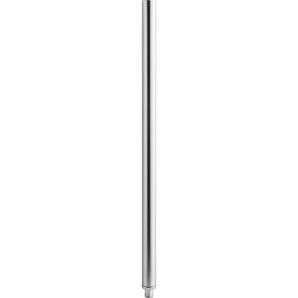 A close-up of a silver metal pole with a white background.