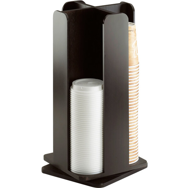 A black Cal-Mil bamboo cup and lid organizer with white plastic cups in it.