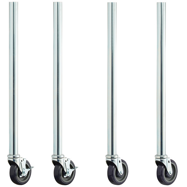 A row of 34" galvanized steel poles with black rubber wheels on the bottom.