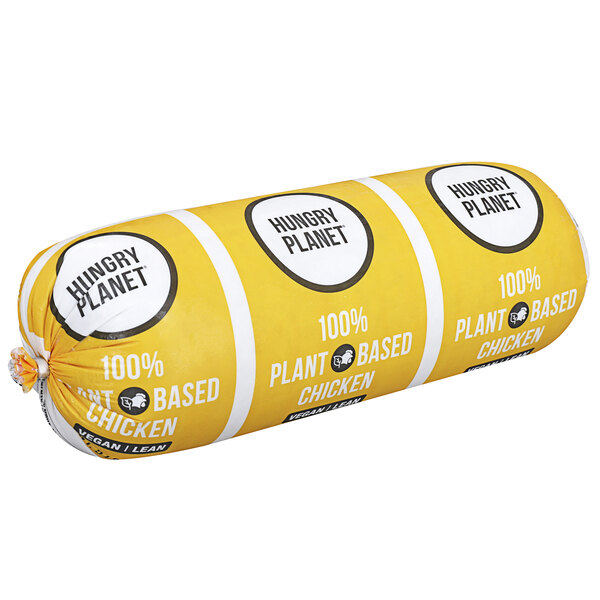 A yellow package of Hungry Planet plant-based vegan ground chicken chubs with white and black text.