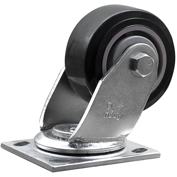A black Lavex swivel plate caster with a metal wheel.