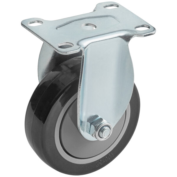 A black and grey metal plate caster with black wheels.