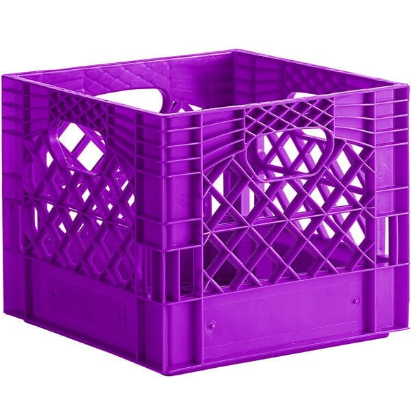 A violet plastic milk crate with handles and holes.