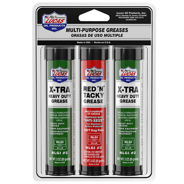 A package of three Lucas Oil mini grease cartridges.