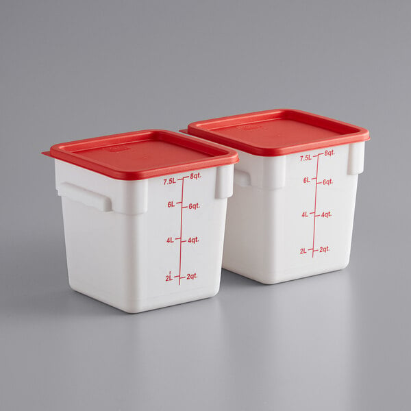 Two white Choice plastic containers with red lids.